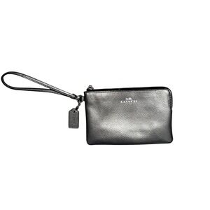 Coach Corner Zip Wristlet Metallic Gunmetal Leather Wallet Silver Logo
